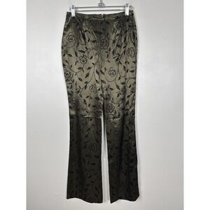 Vintage Streetwear Y2K Green Satin Floral Flare Pants‎ USA Made Fairy Whimsical